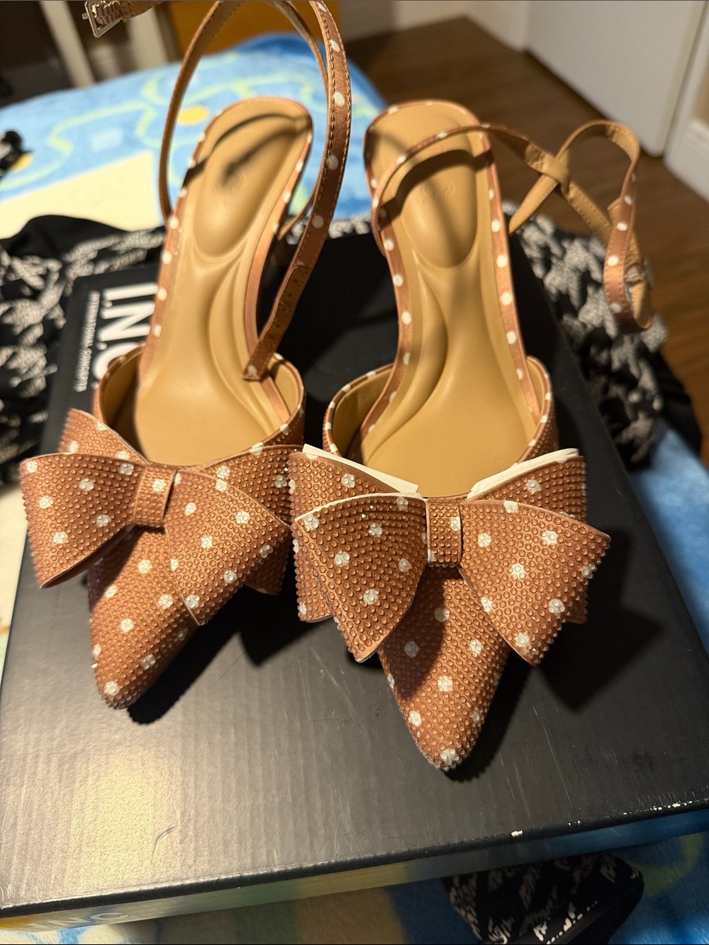 INC International Concepts Tan Polka Dot Bow Pointed Toe Slingback Heels